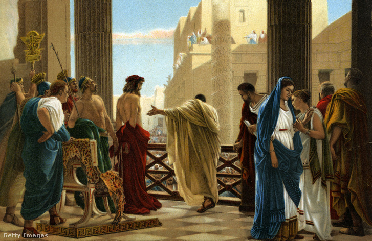 Ecce Homo - Poncius Pilátus halálra ítéli Jézust, miután a tömeg a kivégzését követeli. Antonio Ciseri festménye