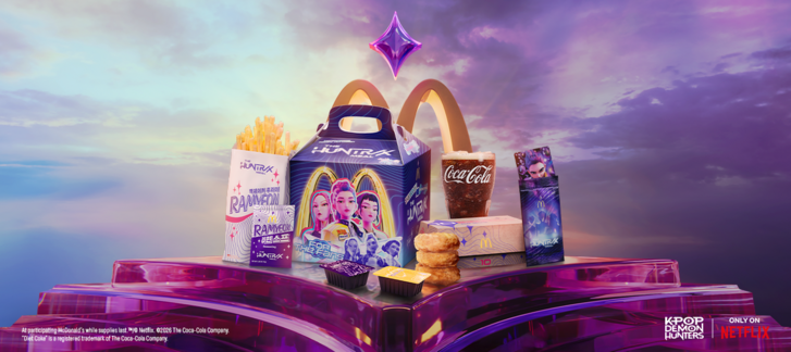 A HUNTR/X menühöz 10 darabos Chicken McNuggets®, közepes üdítő és három limitált újdonság tartozik: a csípős, koreai ízeket idéző Ramyeon McShaker™ krumpli szója-, fokhagyma- és szezámfűszerezéssel, az édeskésen csípős Hunter szósz, valamint a karakteres, lila színű Demon mustárszósz