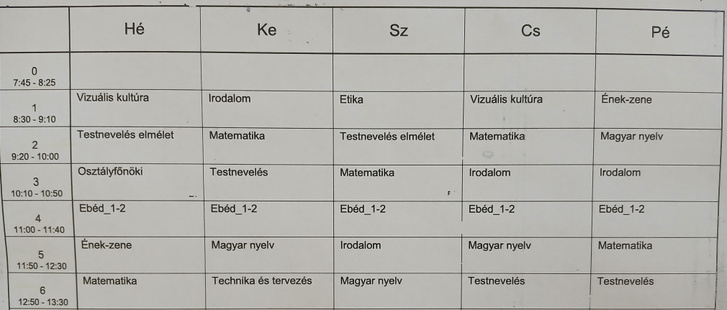 Egy elsős osztály heti órarendjébe beírt két darab elméleti testnevelés