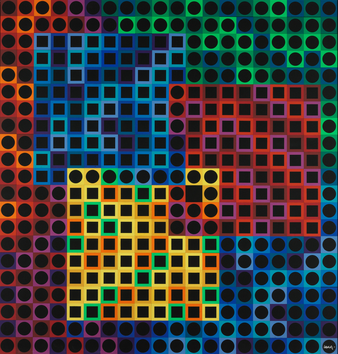 Victor Vasarely: Orion-Noir, kollázs, polisztirol, poliészter, 105,5 × 10 cm, 1970