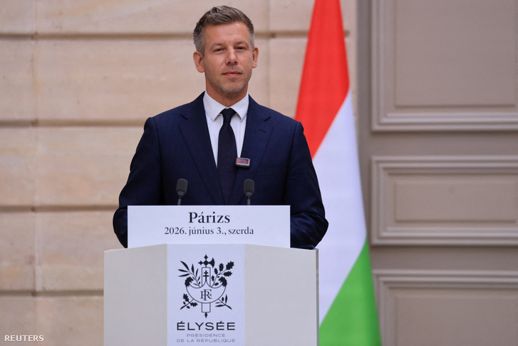 Magyar Péter magyar miniszterelnök közös sajtótájékoztatón vesz részt egy találkozót követően az Élysée-palotában, Párizsban, Franciaországban, 2026. június 3-án