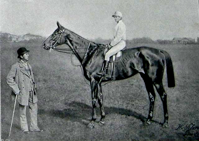 Robert Hesp tréner Kincsemmel és annak zsokéjával, Harry Wainwrighttal Heinrich Schnaebeli fotográfiáján (1879)