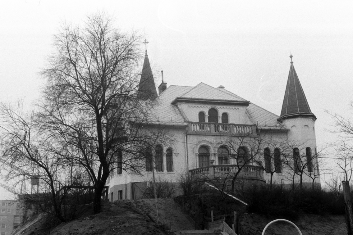 A Török Flóris utca és a Kalmár Ilona sétány sarkán álló ház, mögötte a Pesterzsébeti Evangélikus Egyházközség temploma, 1980