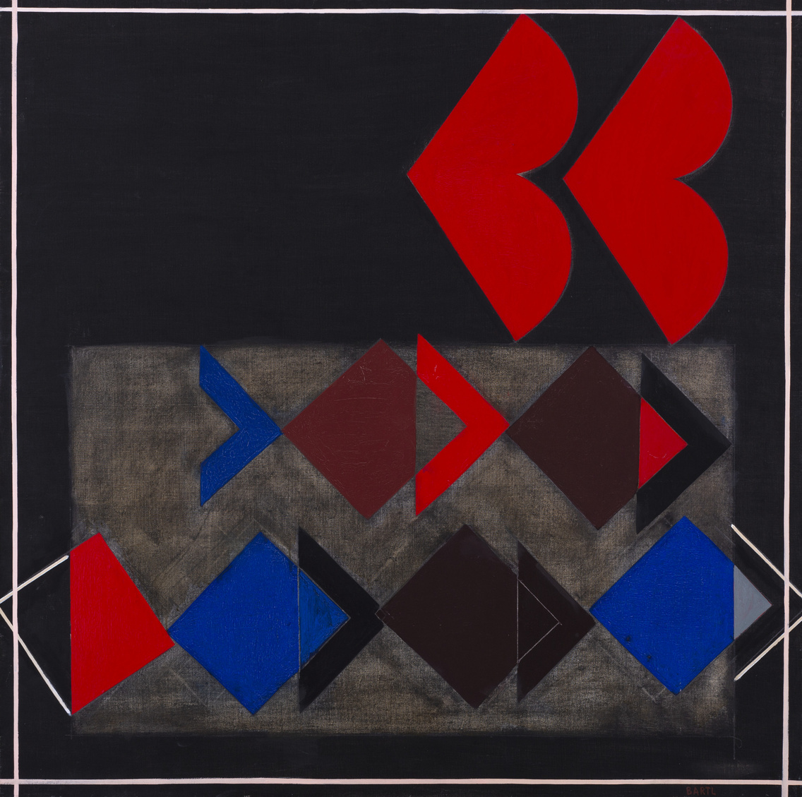 Bartl József: Piros jelek, 1977, olaj, vászon, 120 × 120 cm