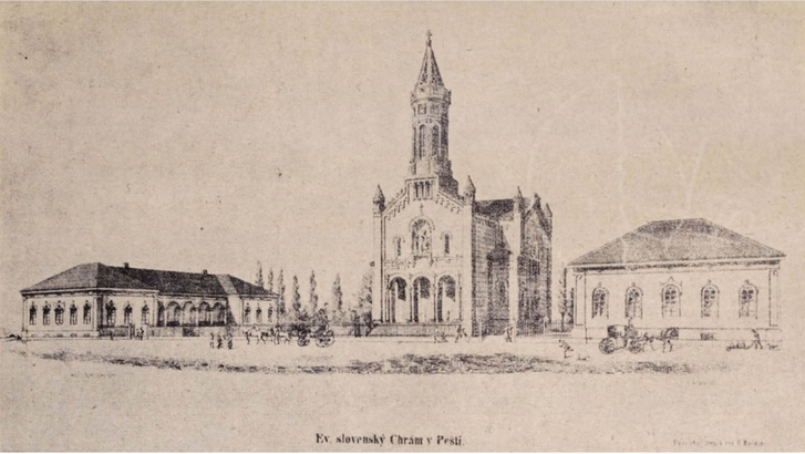 A pesti evangélikus tót iskola, templom és plébánia kőnyomata képe, 1857.