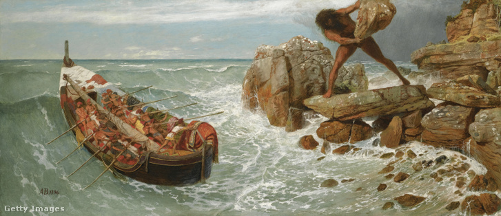 Odüsszeusz hajója és a megvakított küklopsz, Polüphemosz, 1896. Magángyűjteményből. Böcklin, Arnold (1827-1901) festő