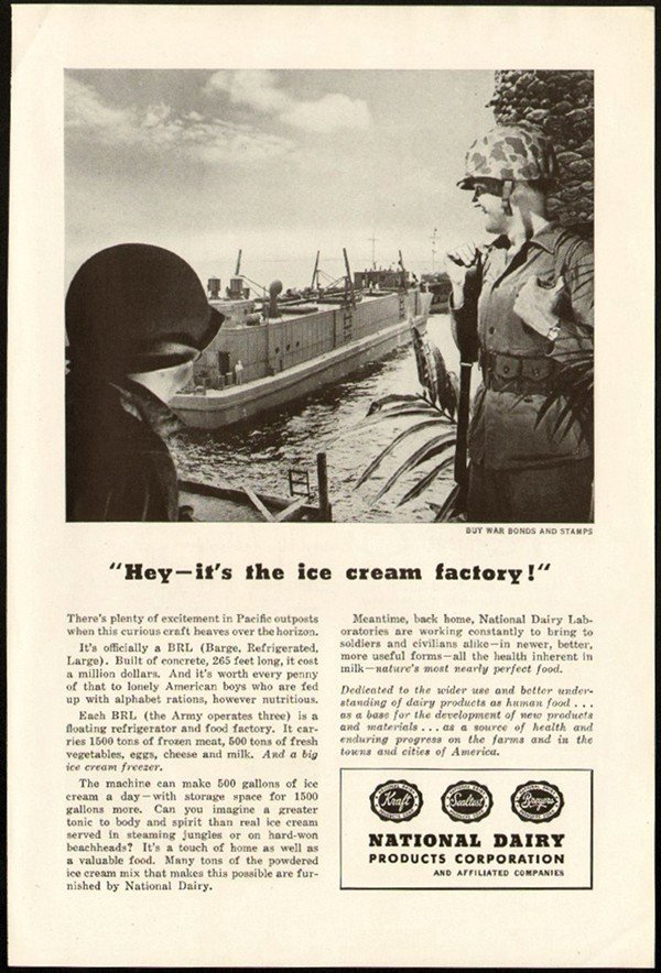 Egy 1945-ös hirdetés, amely a fagylaltos betonbárkát írja le