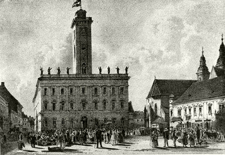 A régi Városháza kőnyomaton, 1845. Készítette: Rudolf von Alt rajza alapján František Xaver Sandmann