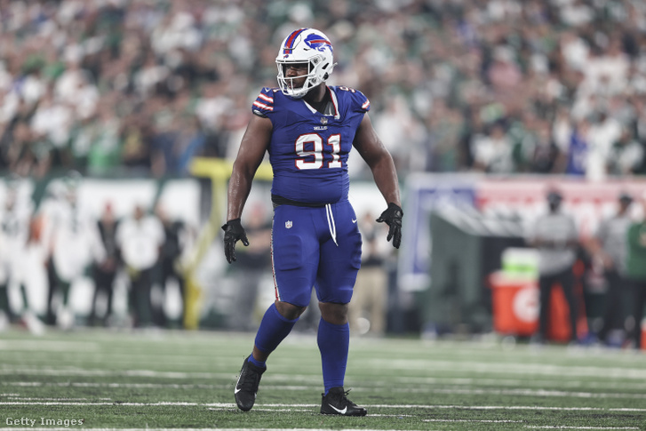 Ed Oliver, a Buffalo Bills 91-es számú játékosa a New York Jets és a Buffalo Bills mérkőzésén a MetLife Stadionban, 2023. szeptember 11-én