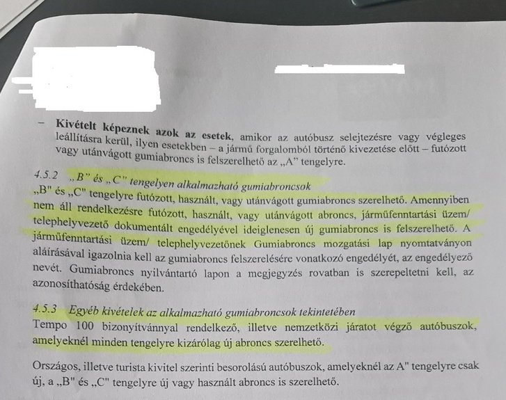A MÁV Személyszállítási Zrt. előírása szerint a B és C tengelyre futózott, használt vagy utánvágott abroncs szerelhető; új gumi ideiglenesen, dokumentált vezetői engedéllyel használható, ha ilyen abroncs nem áll rendelkezésre.