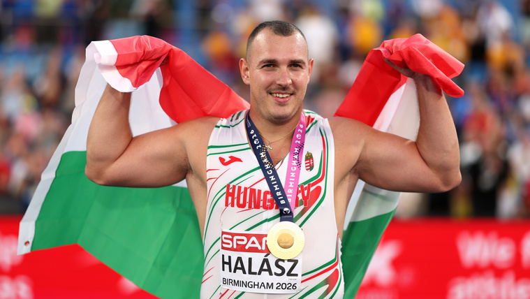 Halász Bence ünnepli Eb-győzelmét 2026. augusztus 11-én Birminghamben