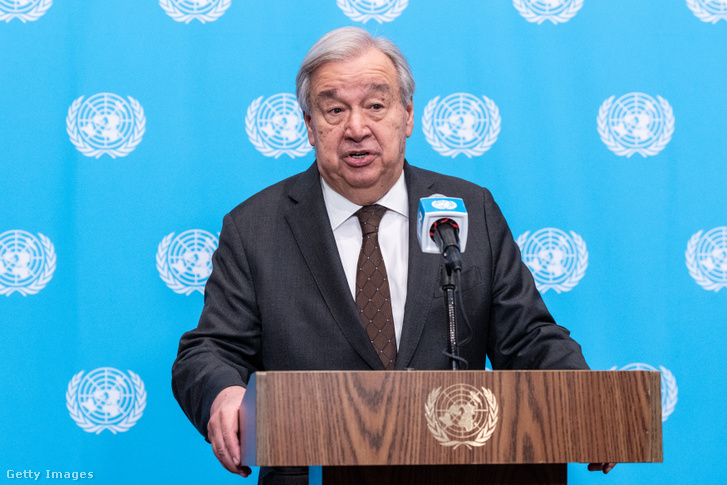 António Guterres, az ENSZ főtitkára sajtótájékoztatót tart az ENSZ New York-i székházában 2026. július 31-én
