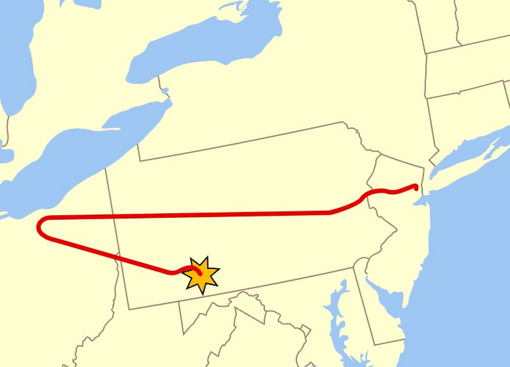 A United Airlines 93-as járat útvonala 2001. szeptember 11-én