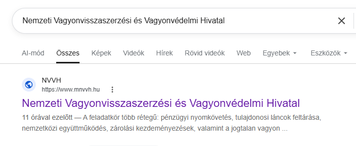 A keresőben az első találat