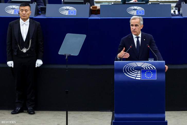 Mark Carney kanadai miniszterelnök beszédet mond az Európai Parlamentben a franciaországi Strasbourgban 2026. szeptember 17-én