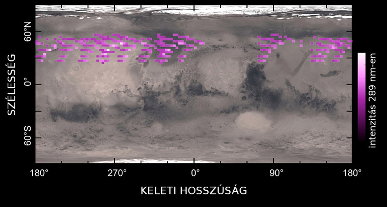 A MAVEN űrszonda Imaging Ultraviolet Spectrograph (IUVS) műszerével 2014 decemberében detektált sarki fények eloszlása a Mars felszíne felett. A térkép szerint a fények az északi félteke jelentős részén megjelentek, nem kötődnek specifikus pozíciókhoz. A sarki fények egy 5 napos periódus minden mérése során észlelhetők voltak.