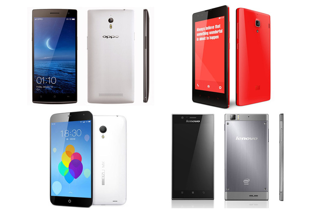 Bal fentről sorban a készülékek: Oppo Find7a, Xiaomi Redmi S, Meizu MX3, Lenovo K900