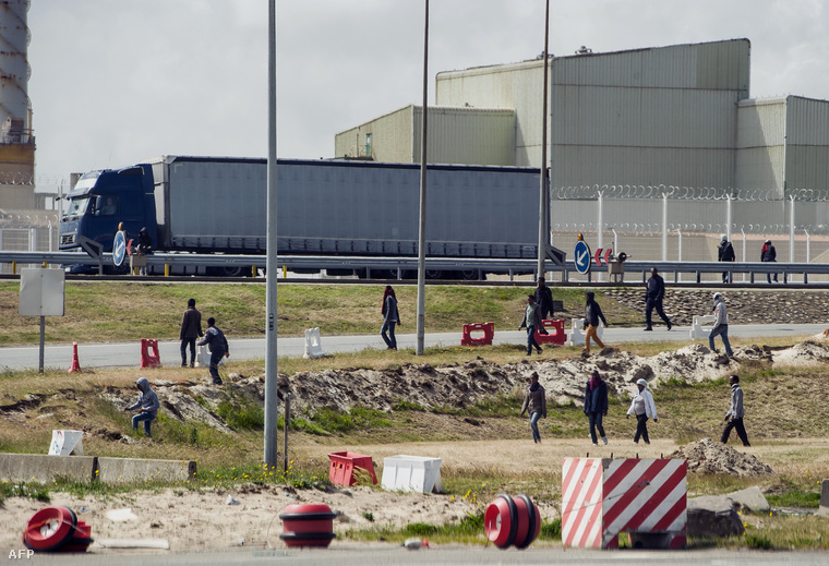 Angliába induló menekültek várakoznak a kamionok között az angol-francia határon, Calaisnál.