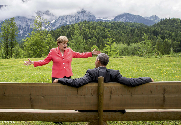 Angela Merkel és Barack Obama G7 tárgyalások egyik szünetében, június 8-án.