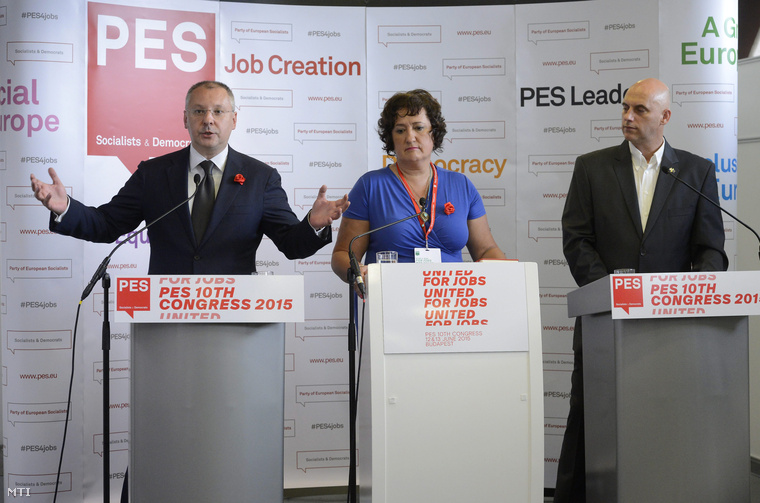 Szergej Sztanisev, az Európai Szocialisták Pártja (PES) elnöke, Gurmai Zita, a PES nőszervezetének elnöke és Tóbiás József, az MSZP elnök-frakcióvezetője a Budapest Kongresszusi Központban 2015. június 11-én.