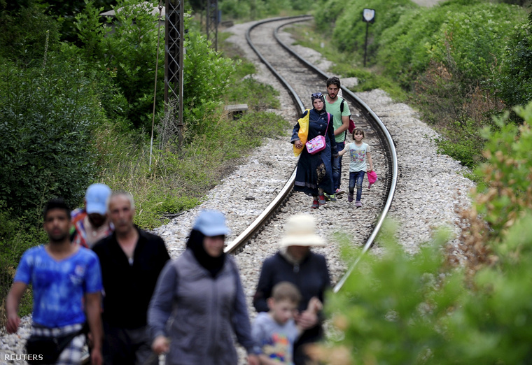 Görögország felől érkező menekültek sétálnak a síneken Macedóniában.