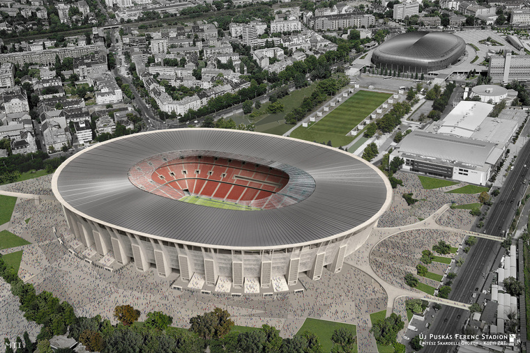 A Nemzeti Fejlesztési Minisztérium által közreadott a Közti Zrt. Középülettervező Zártkörűen Működő Részvénytársaság látványterve az új Puskás Ferenc Stadionról.