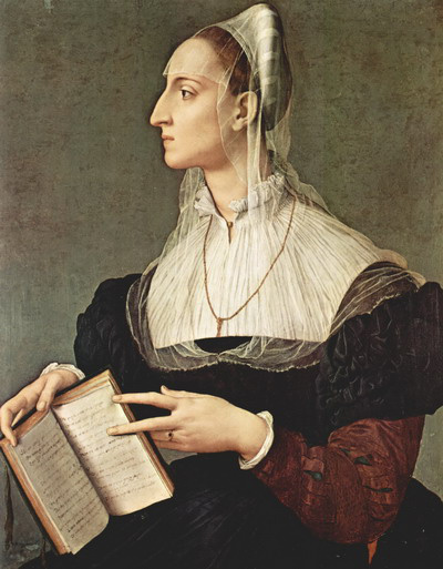 Agnolo Bronzino: Laura Battiferri portréja (a Canzoniere 64. és 240. szonettjénél nyitott, kézzel írt Petrarca-kötettel) – Firenze, Palazzo Vecchio, 1560 körül