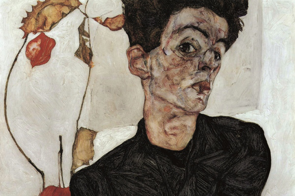 Egon Schiele: Önarckép lampionvirággal (1912) - részlet