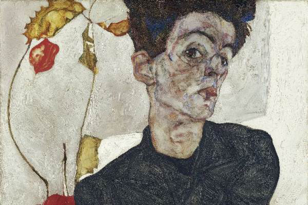 Egon Schiele: Önarckép lampionvirággal (1912) - részlet