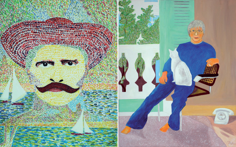 Bal oldalt: Rózsa Sándor Georges Seurat műtermében, akril vásznon, 80x100 cm, 2015 // Jobb oldalt: Pándy András David Hockney műtermében, akril vásznon, 80x100 cm, 2015