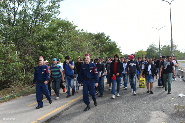 Rendőri kísérettel gyalogolnak a menekültek a hegyeshalmi pályaudvarról az osztrák határ felé.