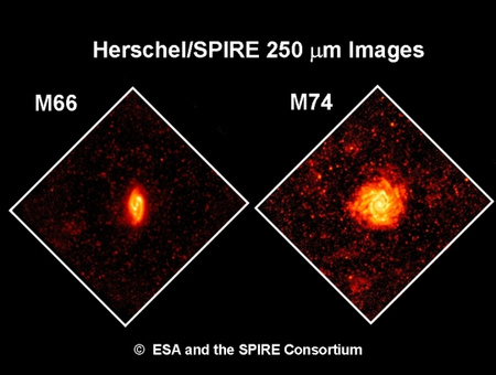 Az M66 és M74 galaxisok részletgazdag képe a SPIRE 250 mikrométeres felvételén (ESA/SPIRE)