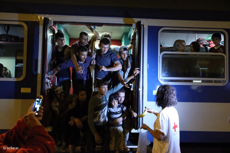 Ételosztás a vonaton várakozó menekülteknek Magyarbólynál